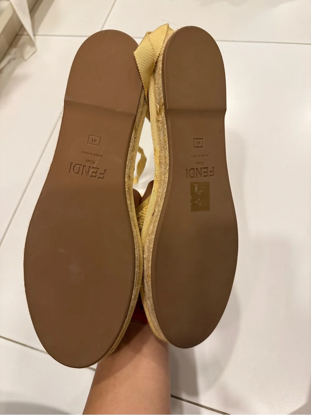Fendi women Canary Yellow Embroidered Espadrille Sandals with Ankle Ties